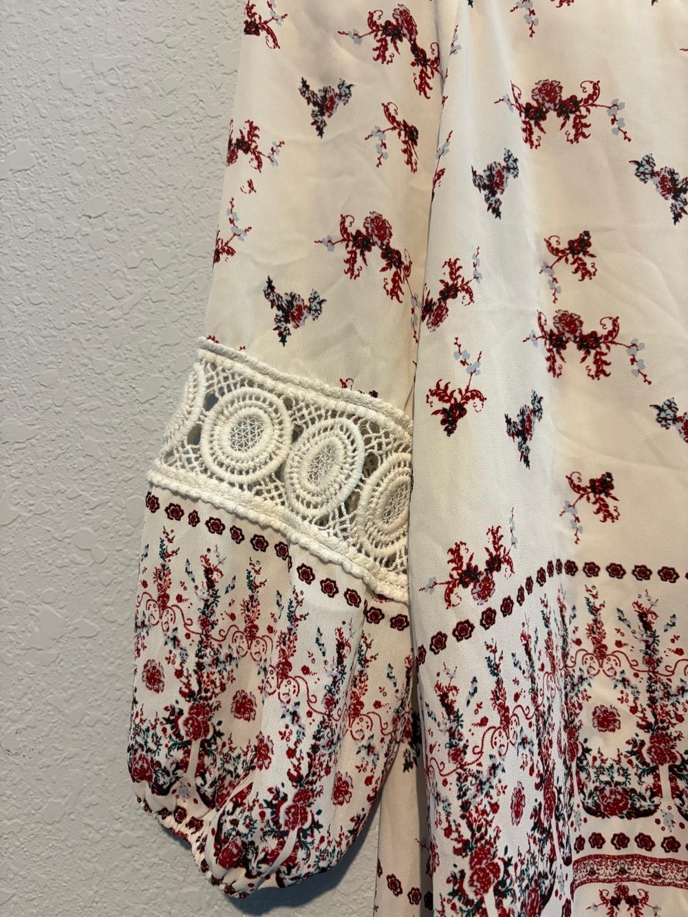 Cato Cream and Burgundy Floral Crochet-Sleeve Peasant Blouse - Picture 4 of 4